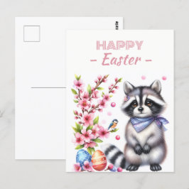 Postal Huevos de Pascua acuarela Raccoon Florecimiento de