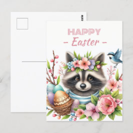 Postal Huevos de Pascua acuarela Raccoon Florecimiento de