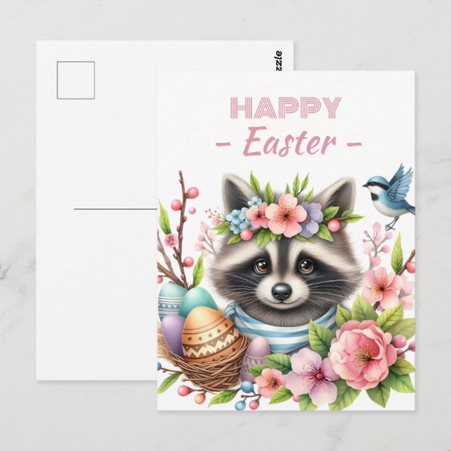 Postal Huevos de Pascua acuarela Raccoon Florecimiento de (Anverso / Reverso)