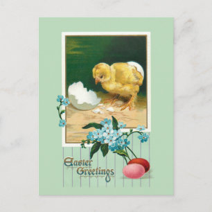 Postal Huevos de Pascua, polluelos y flores