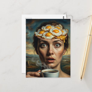 Postal Huevos Surrealistas para Desayunar y Mujer con Caf