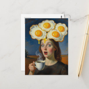 Postal Huevos Surrealistas para Desayunar y Mujer con Caf