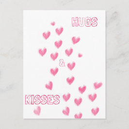 Postal HUGS & KISSES - Corazones de acuarela rosada