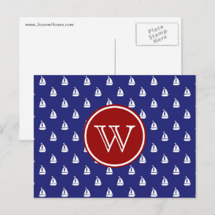 Postal Huir en vela náutica en azul con monograma rojo