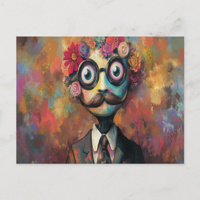 Postal Humanioide caprichoso con ojos grandes y pelo flor (Anverso)