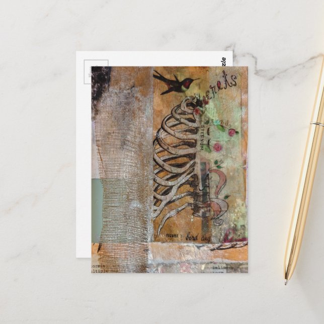 Postal Hummingbird and ribcage mixed media collage (Anverso/Reverso In Situ)