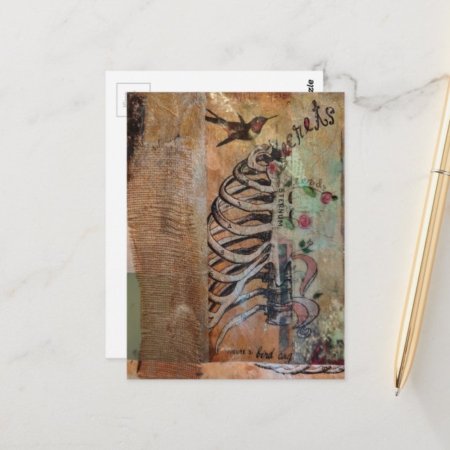 Postal Hummingbird and ribcage secret mixed media collage (Anverso/Reverso In Situ)