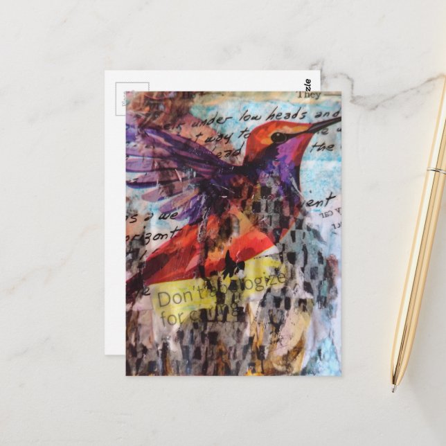 Postal Hummingbird don't apologize for caring mixed media (Anverso/Reverso In Situ)