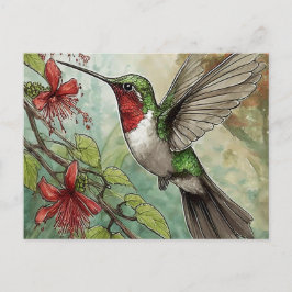 Postal Hummingbird en vuelo con vino de trompeta roja
