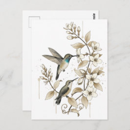 Postal Hummingbird & Floral Postcard - Watercolor Art