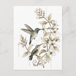Postal Hummingbird & Floral Postcard - Watercolor Art