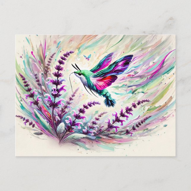 Postal Hummingbird Hawk-Moth con salvia en pintura de ace (Anverso)