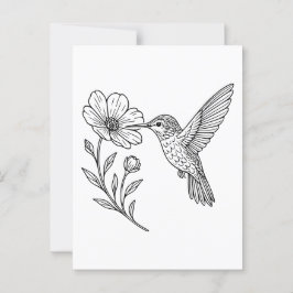 Postal Hummingbird Line Art con detalle con Flor salvaje