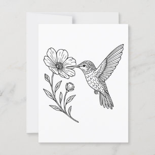 Postal Hummingbird Line Art con detalle con Flor salvaje