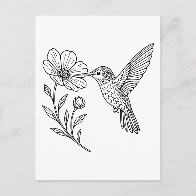 Postal Hummingbird Line Art con detalle con Flor salvaje (Anverso)
