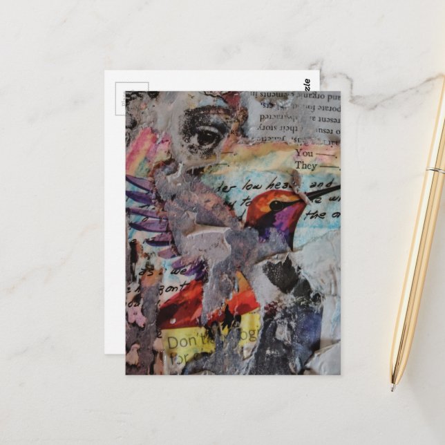 Postal Hummingbird mixed media collage in progress (Anverso/Reverso In Situ)