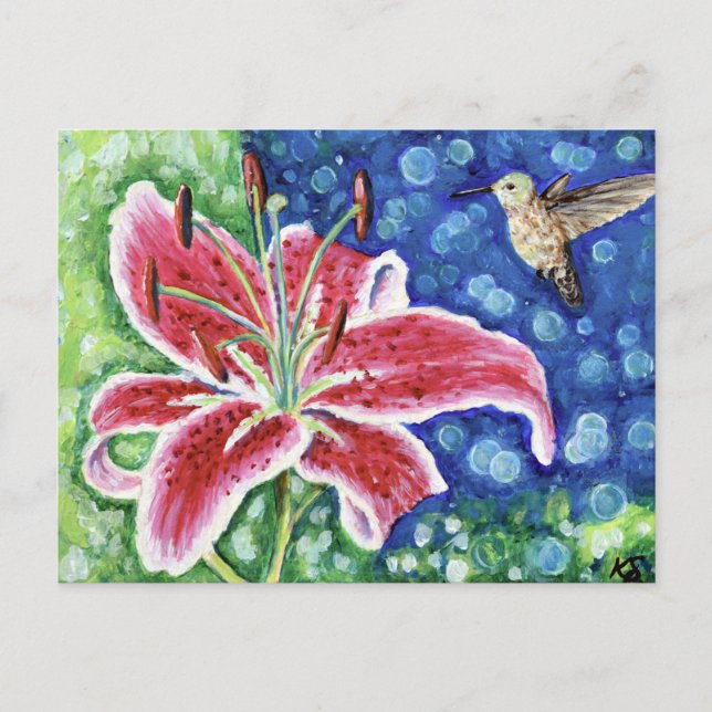 Postal Hummingbird y Stargazer Lily Painting (Anverso)