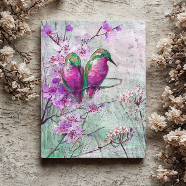 Postal Hummingbirds Floral Rosa (Watercolor hummingbirds postcard)