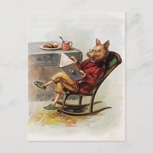 Postal Humor Antiguo, Cerdo en Silla Mecedora Leyendo un  (Anverso)