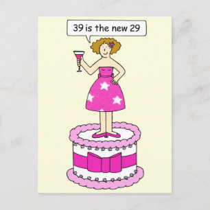 Postal Humor de cumpleaños 39 para su mujer en un pastel