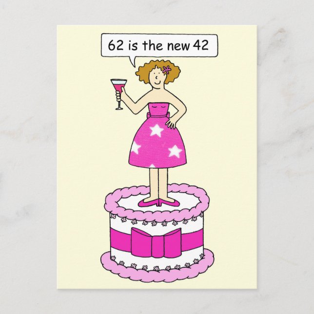 Postal Humor de cumpleaños 62 para su mujer en una torta (Anverso)