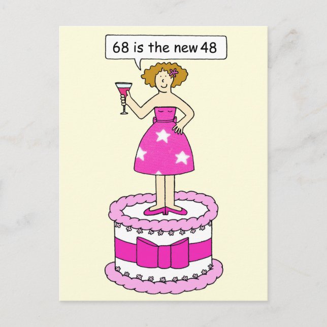 Postal Humor de cumpleaños 68 para su dama en un pastel (Anverso)