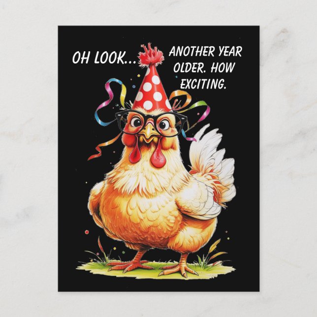 Postal Humor de cumpleaños sarcástico con pollo juzgón (Anverso)