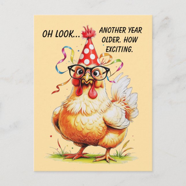 Postal Humor de cumpleaños sarcástico con pollo juzgón (Anverso)