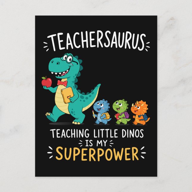 Postal Humor de Teachersaurus con pequeños dinosaurios (Anverso)