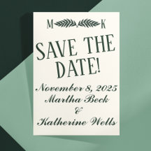 Hunter Green en Cream Initials Save-the-Date