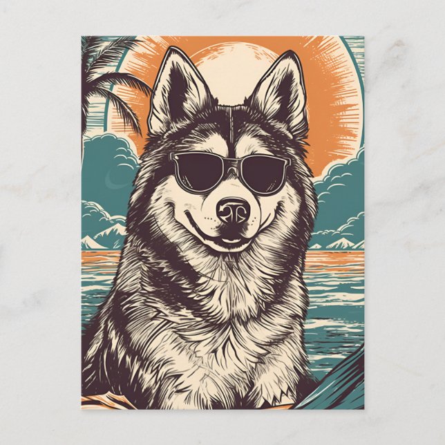 Postal Husky con gafas de sol en la playa (Anverso)
