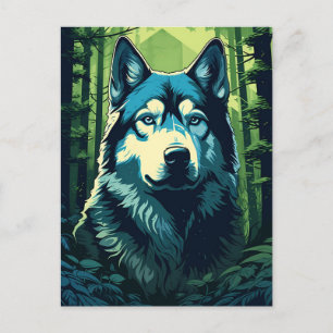 Postal Husky en el bosque verde