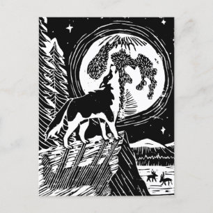 Postal Husky negro y blanco en el Linocut nocturno