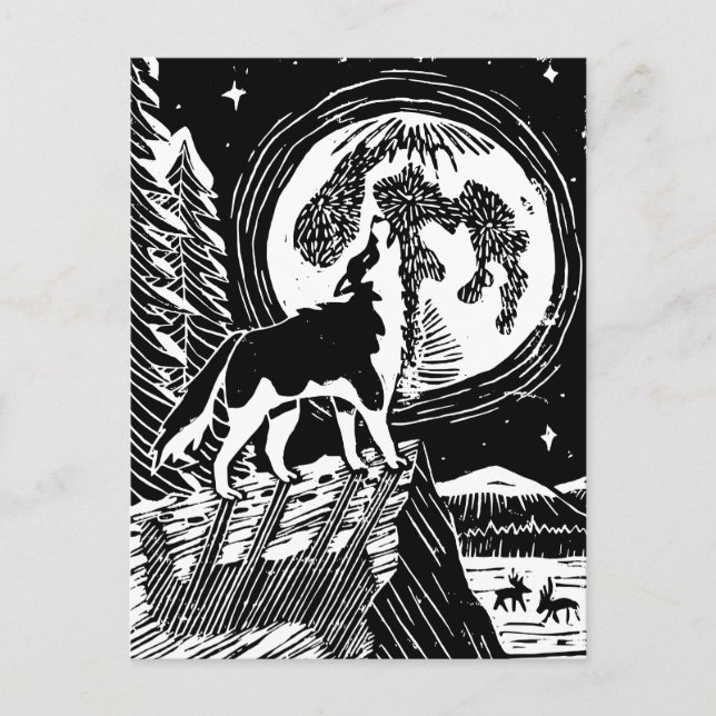 Postal Husky negro y blanco en el Linocut nocturno (Anverso)