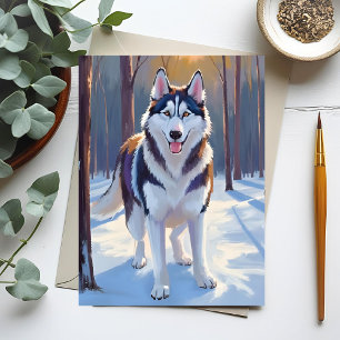 Postal Husky   Pintura de mascota de acuarela de invierno