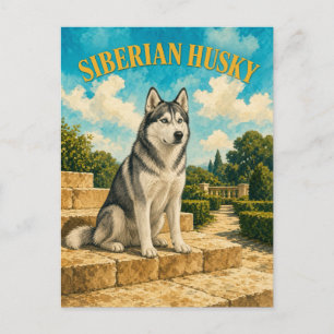Postal Husky Siberiano, Arte de Perro Acuarela Vintage