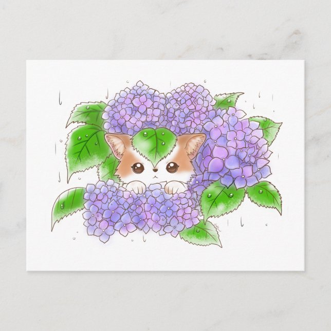 Postal Hydrangea and Mochi Rainy Day  Postcard by Amy C (Anverso)