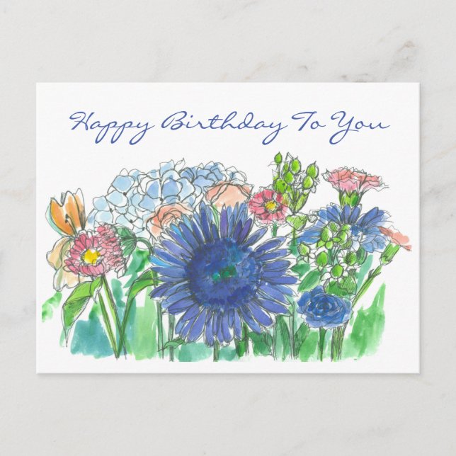 Postal Hydrangea Daisy Watercolor Flores Feliz cumpleaños (Anverso)