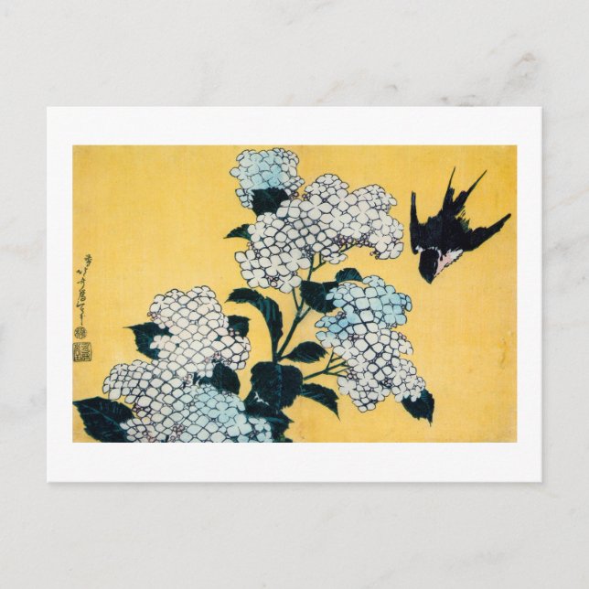 Postal Hydrangea y Swallow, Hokusai, Ukiyo-e (Anverso)