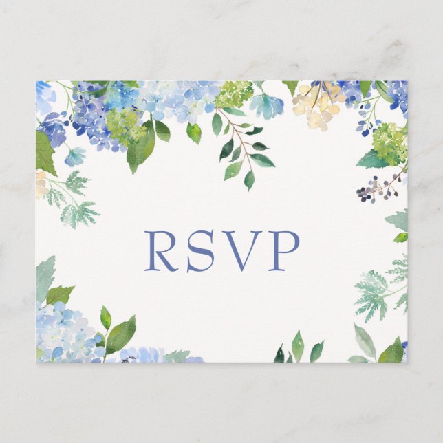 Postal Hydrangeas azules Boda RSVP con elección de comida (Anverso)