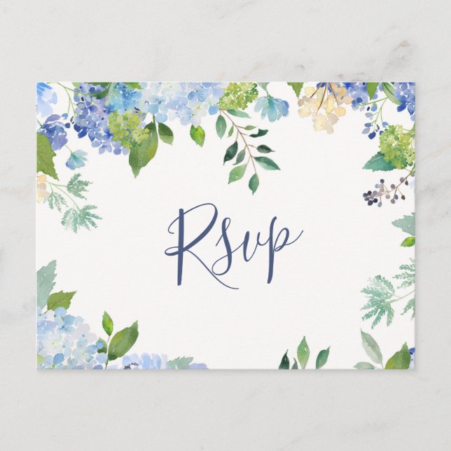 Postal Hydrangeas azules Boda RSVP con elección de comida (Anverso)