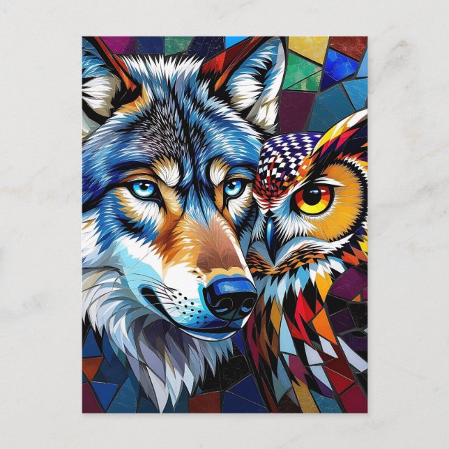 Postal Hyperreaslistic Wolf and Owl Mosaic (Anverso)