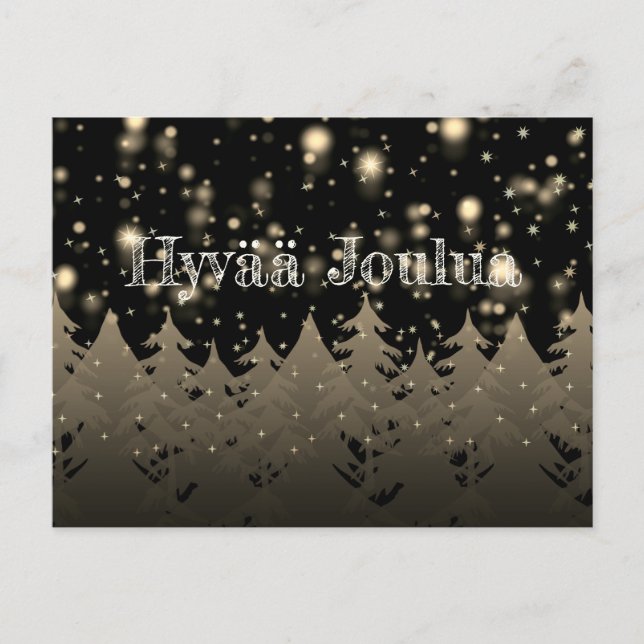 Postal Hyvää Joulua Gold Starry Night Snowfall Trees (Anverso)