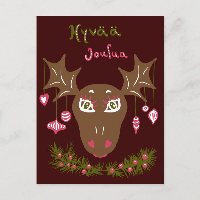 Postal Hyvää Joulua Navidades alce lindo con adornos (Anverso)