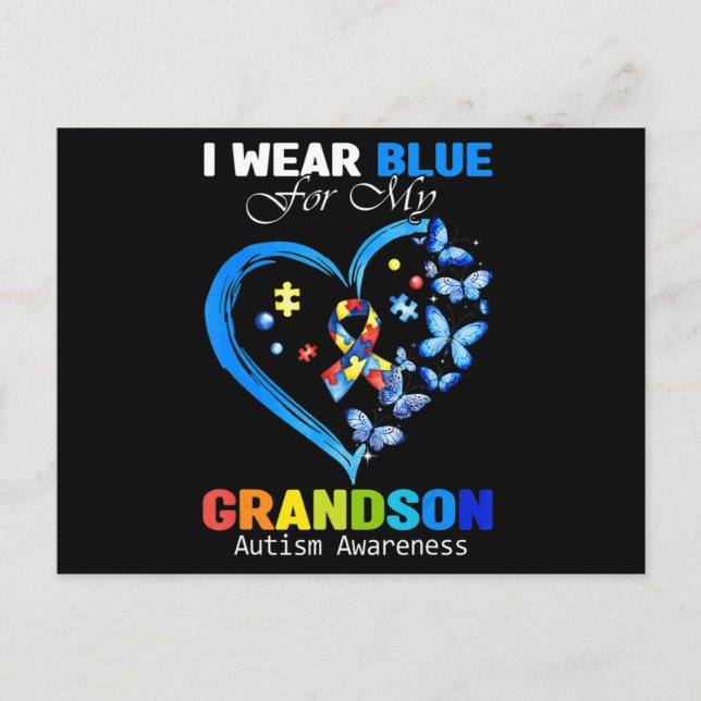Postal I Wear Blue For My Grandson Autism Awareness Heart (Anverso)