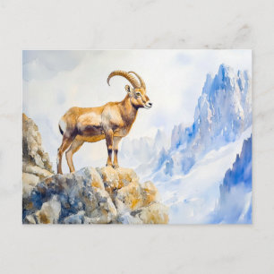 Postal Ibex en la pintura acuarela de los Alpes