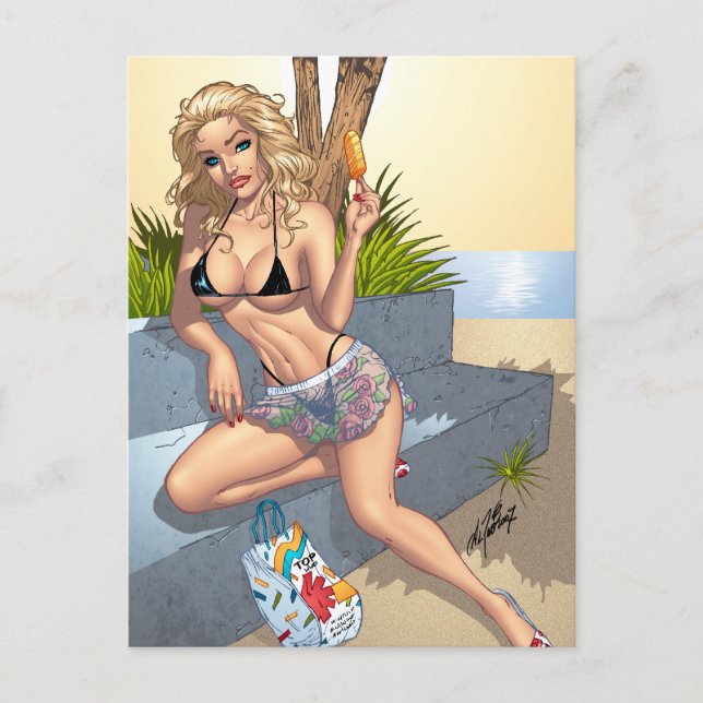Postal Ice Cream Bikini Chica Pintura de arte de Al Rio (Anverso)