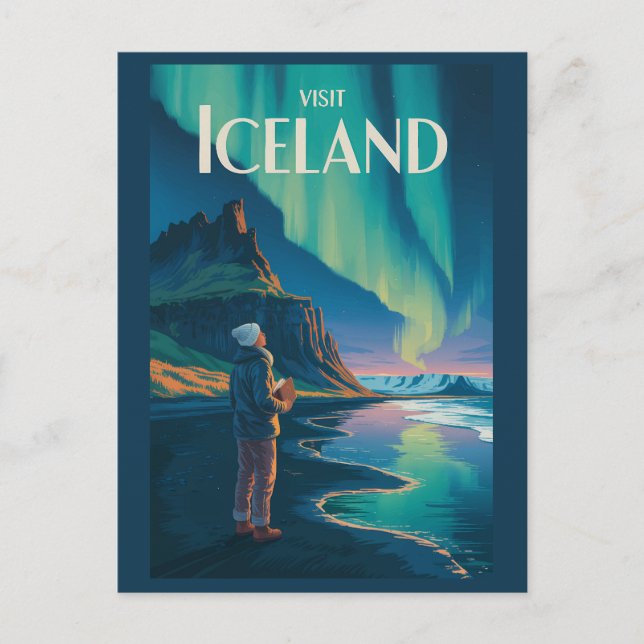Postal Iceland Northern Lights Illustration Travel Art Vi (Anverso)