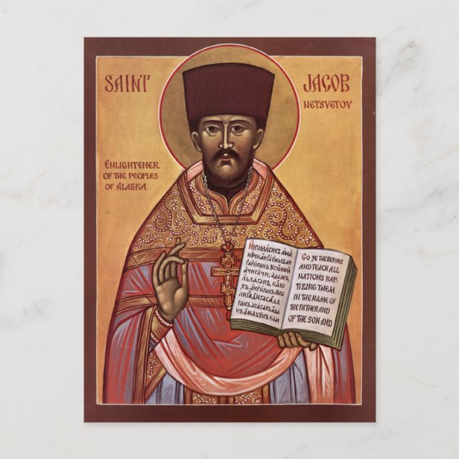 Postal Icono cristiano ortodoxo de San Jacob de Alaska (Anverso)