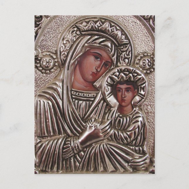 Postal Icono madre e hijo, Madonna y Jesús en plata (Anverso)